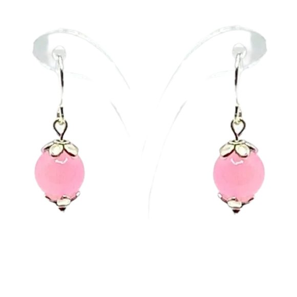 Light Pink 10 mm Marble with Silver Floral Accent - Short Drop Earrings - Picture 1 of 3